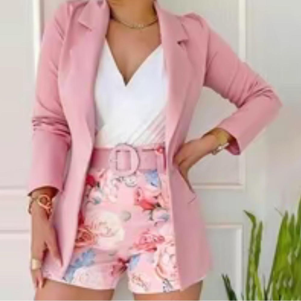 Pink Longsleeve Blazer and Floral Shorts Set